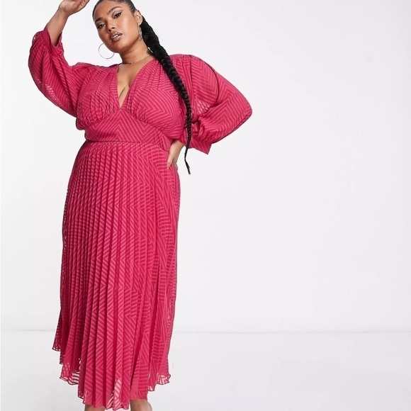 ASOS DESIGN Curve pleated batwing midi dress chevron texture Magenta sz 24 NWT - Picture 16 of 16
